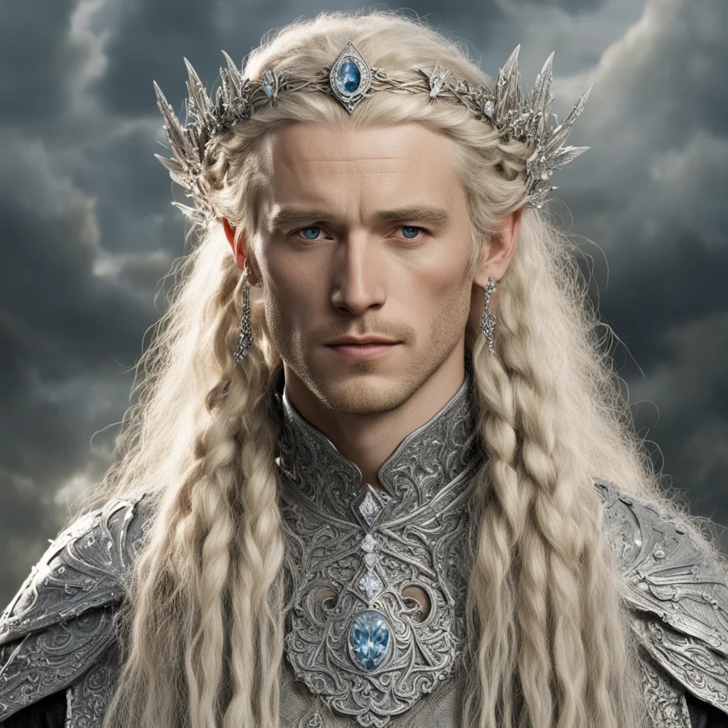 tolkien king amdir with blond hair with braids wearing silver flower elvish circlet encrusted with diamonds with large center diamond  confident engaging wow artstation art 3