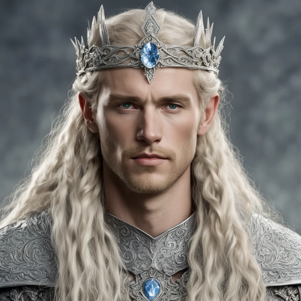 tolkien king amdir with blond hair with braids wearing silver flower elvish circlet encrusted with diamonds with large center diamond  good looking trending fantastic 1