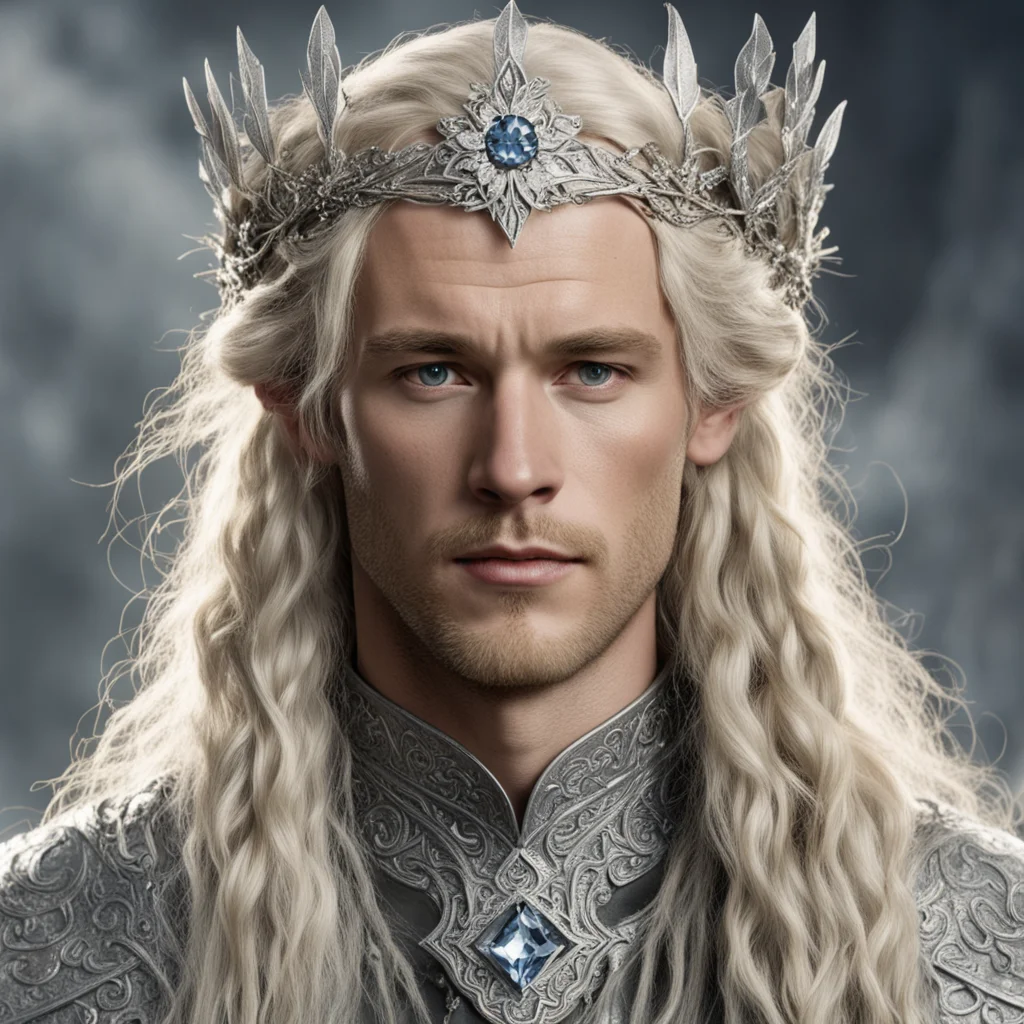 tolkien king amdir with blond hair with braids wearing silver flower elvish circlet encrusted with diamonds with large center diamond amazing awesome portrait 2
