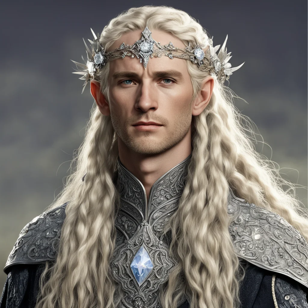 tolkien king amdir with blond hair with braids wearing silver flower elvish circlet encrusted with diamonds with large center diamond confident engaging wow artstation art 3