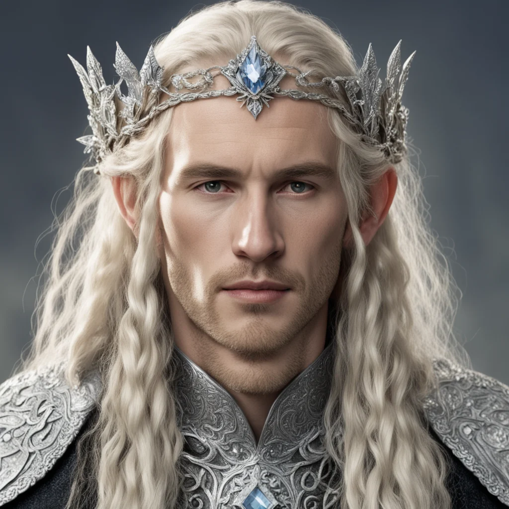 tolkien king amdir with blond hair with braids wearing silver flower elvish circlet encrusted with diamonds with large center diamond good looking trending fantastic 1