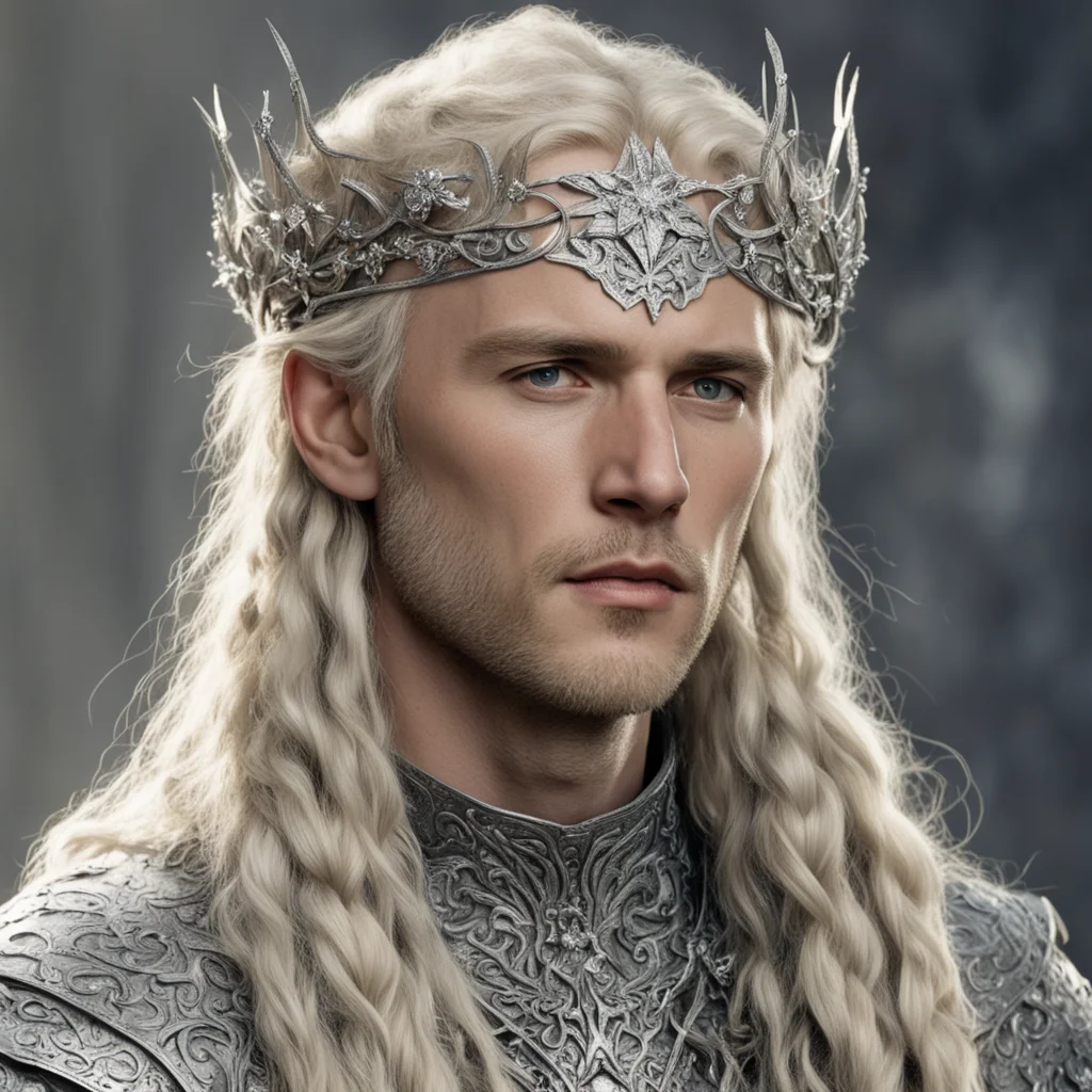 tolkien king amdir with blond hair with braids wearing silver flower elvish circlet encrusted with diamonds with large center diamond