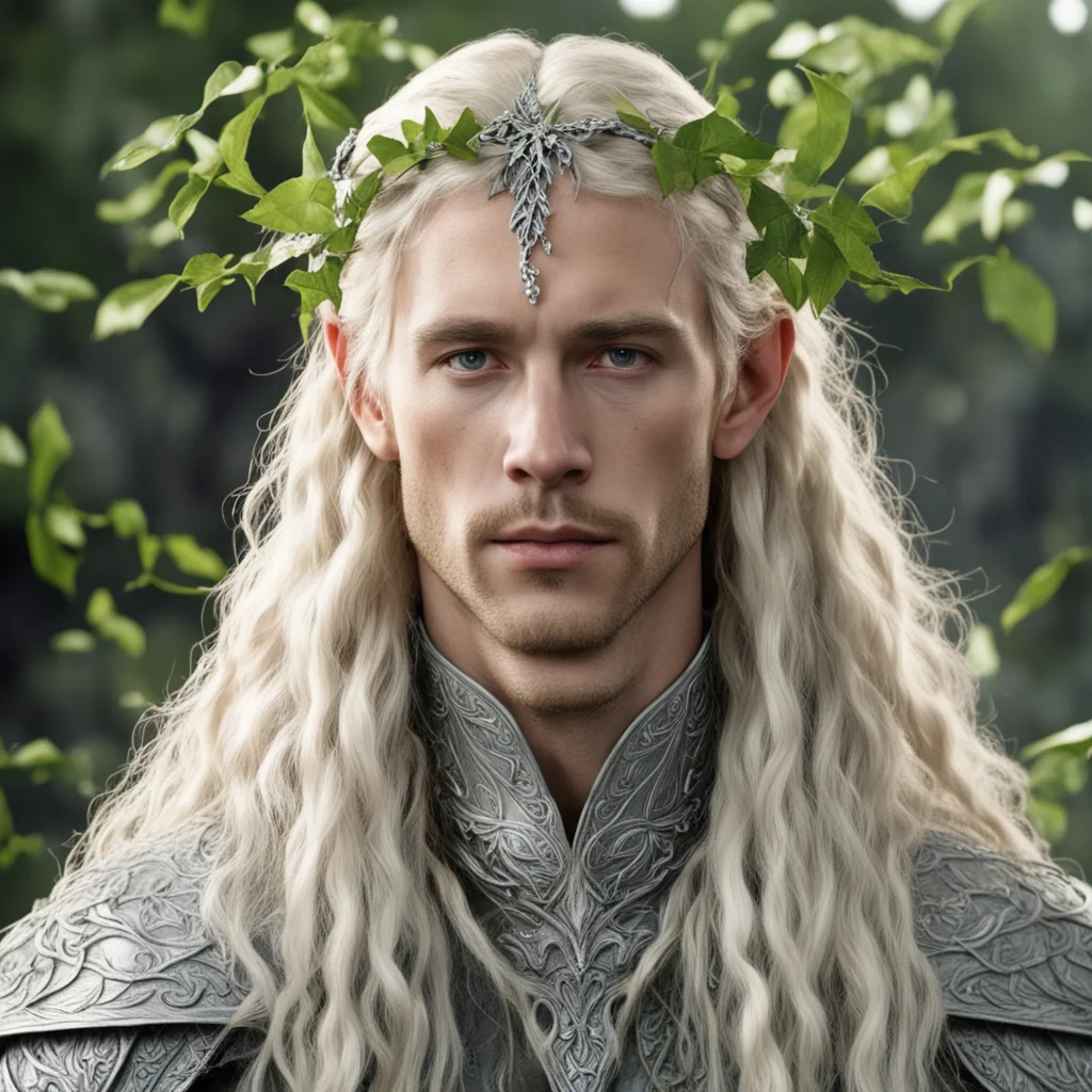 tolkien king amdir with blond hair with braids wearing silver ivy leaves intertwined elven circlet with diamonds good looking trending fantastic 1