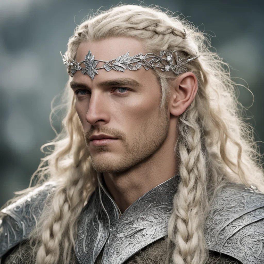 tolkien king amdir with blond hair with braids wearing silver leaf elven circlet with diamonds with elven hair pins with diamonds good looking trending fantastic 1