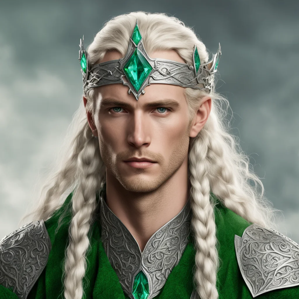 tolkien king amdir with blond hair with braids wearing silver leaf elven circlet with green diamonds amazing awesome portrait 2