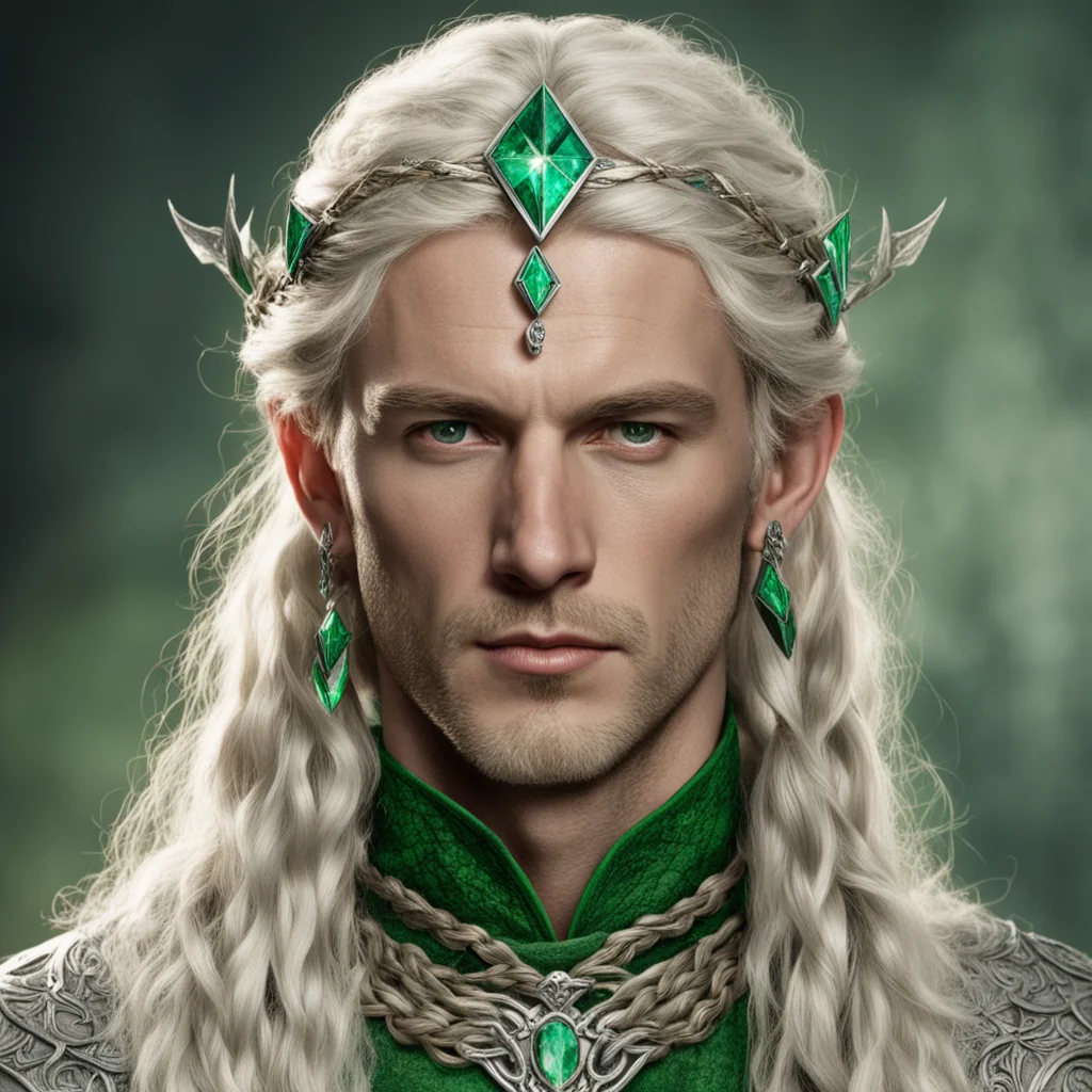 tolkien king amdir with blond hair with braids wearing silver leaf elven circlet with green diamonds confident engaging wow artstation art 3