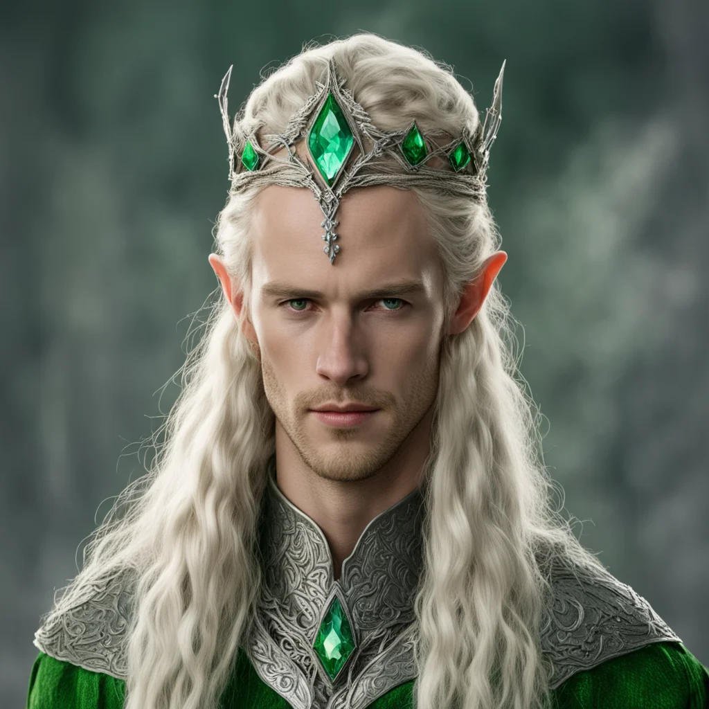 tolkien king amdir with blond hair with braids wearing silver leaf elven circlet with green diamonds good looking trending fantastic 1