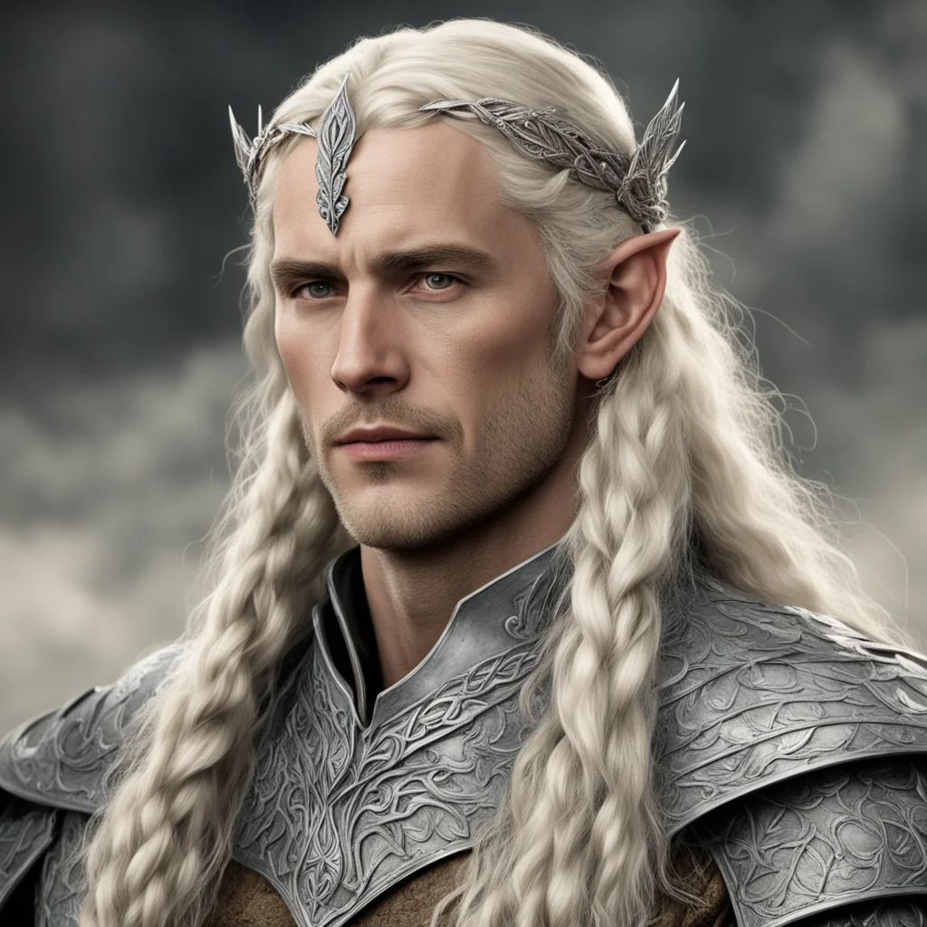 tolkien king amdir with blond hair with braids wearing silver mallorn leaf elven circlet with diamonds confident engaging wow artstation art 3