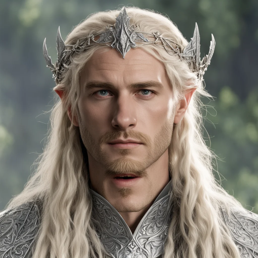 tolkien king amdir with blond hair with braids wearing silver mallorn leaf elven circlet with diamonds good looking trending fantastic 1