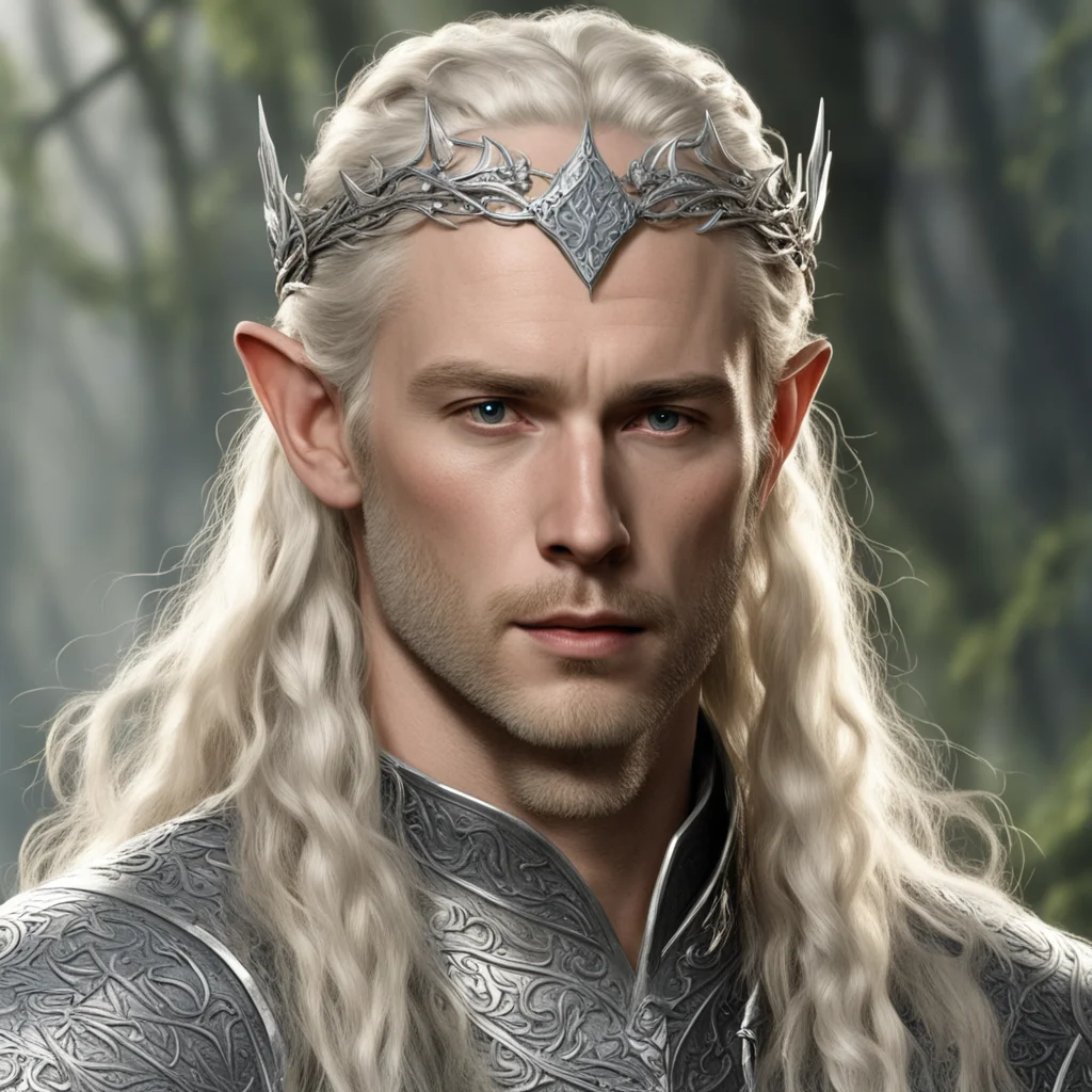 tolkien king amdir with blond hair with braids wearing silver mallorn leaf elven circlet with diamonds