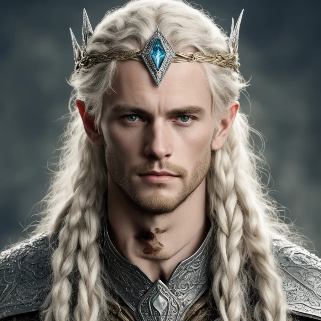 tolkien king amdir with blond hair with braids wearing silver serpentine elvish circlet encrusted with diamonds good looking trending fantastic 1