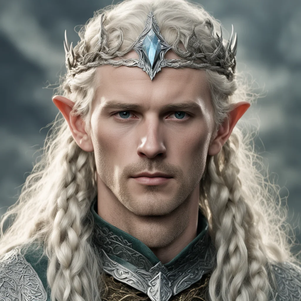 tolkien king amdir with blond hair with braids wearing silver serpentine elvish circlet encrusted with diamonds