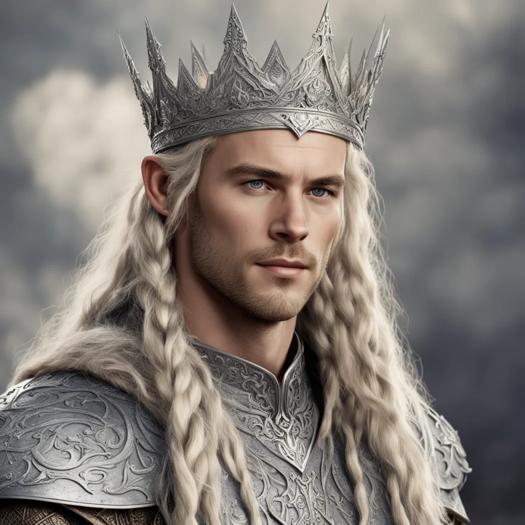 tolkien king amdir with blond hair with braids wearing silver sindar elven crown with diamonds