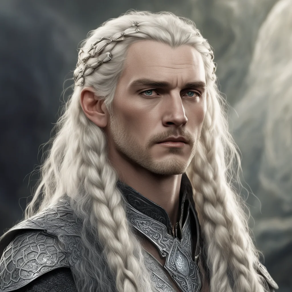 tolkien king amdir with blond hair with braids wearing silver snake elven hair forks with diamonds confident engaging wow artstation art 3