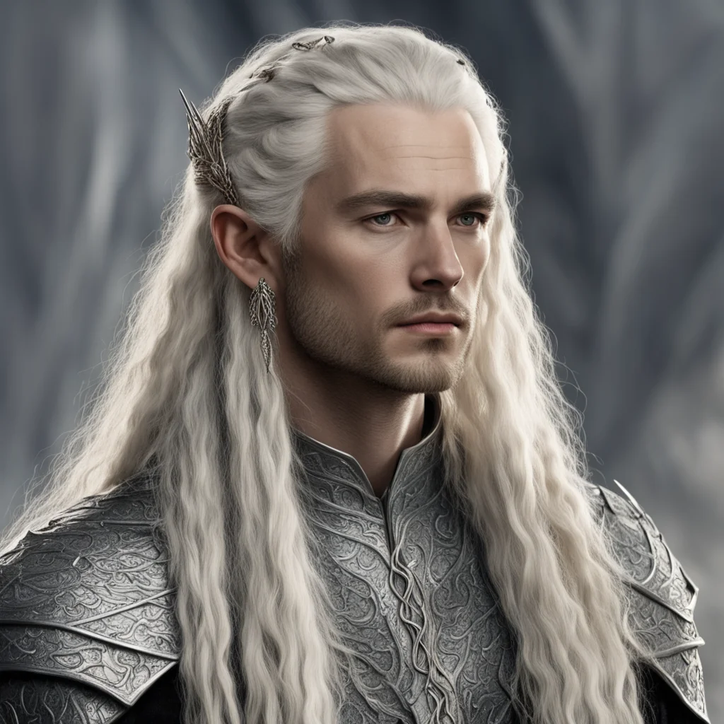 tolkien king amdir with blond hair with braids wearing silver snake elven hair forks with diamonds
