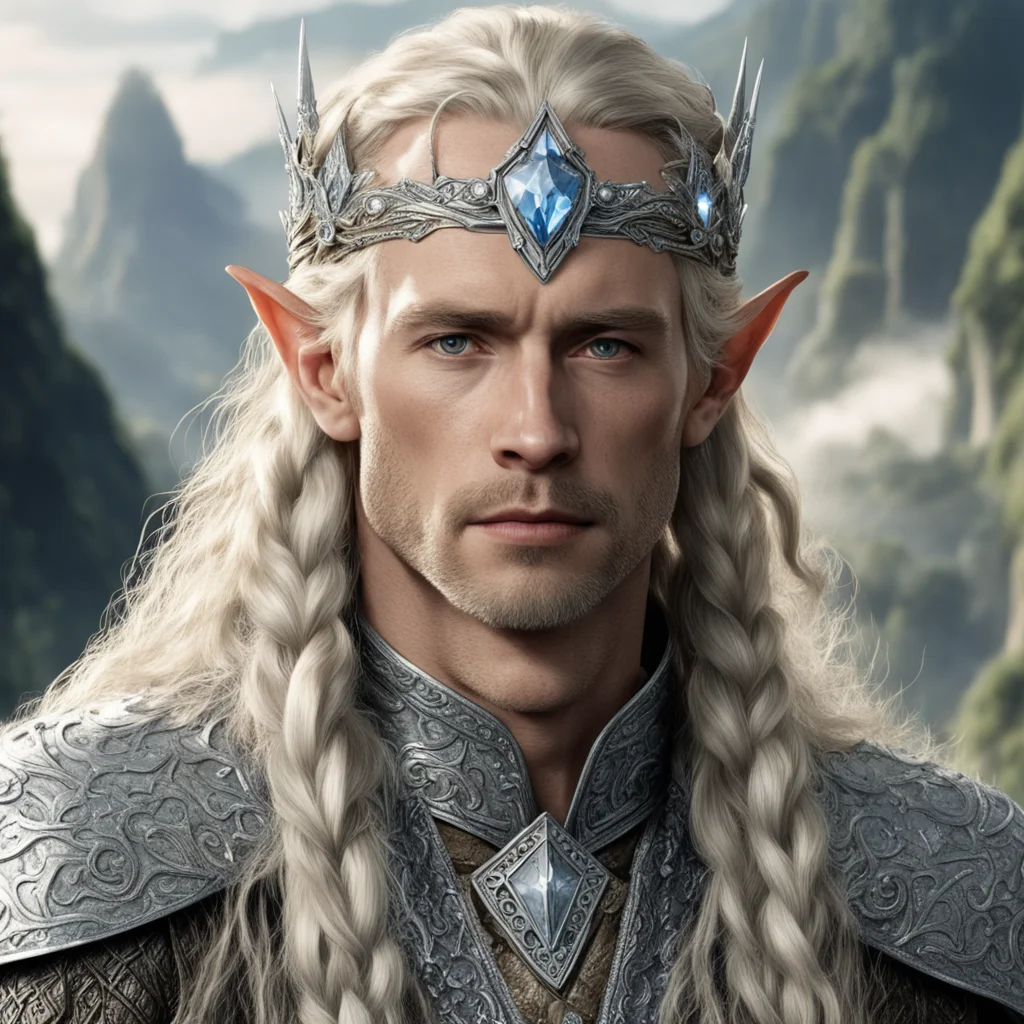 tolkien king amdir with blond hair with braids wearing silver wood elf circlet encrusted with diamonds with large diamond in the center  good looking trending fantastic 1