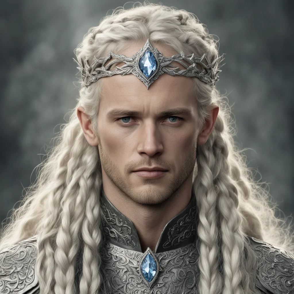 tolkien king amdir with blonde hair and braids wearing silver laurel leaf elvish circlet heavily encrusted with diamonds with large center circular diamond amazing awesome portrait 2