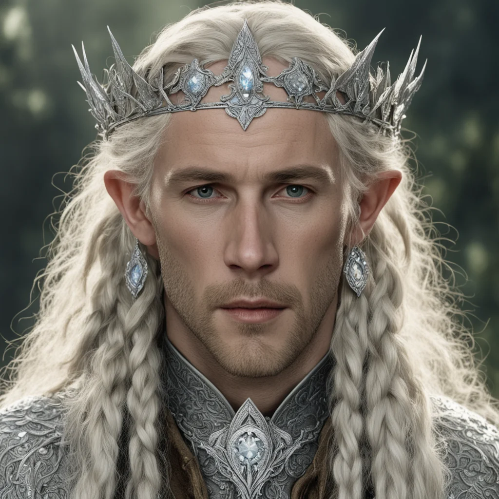 tolkien king amdir with blonde hair and braids wearing silver laurel leaf elvish circlet heavily encrusted with diamonds with large center circular diamond good looking trending fantastic 1