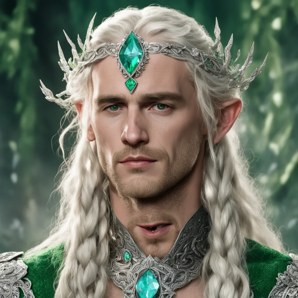 tolkien king amdir with blonde hair and braids wearing silver leaves encrusted with diamonds forming a silver elvish circlet with large green center diamond  amazing awesome portrait 2