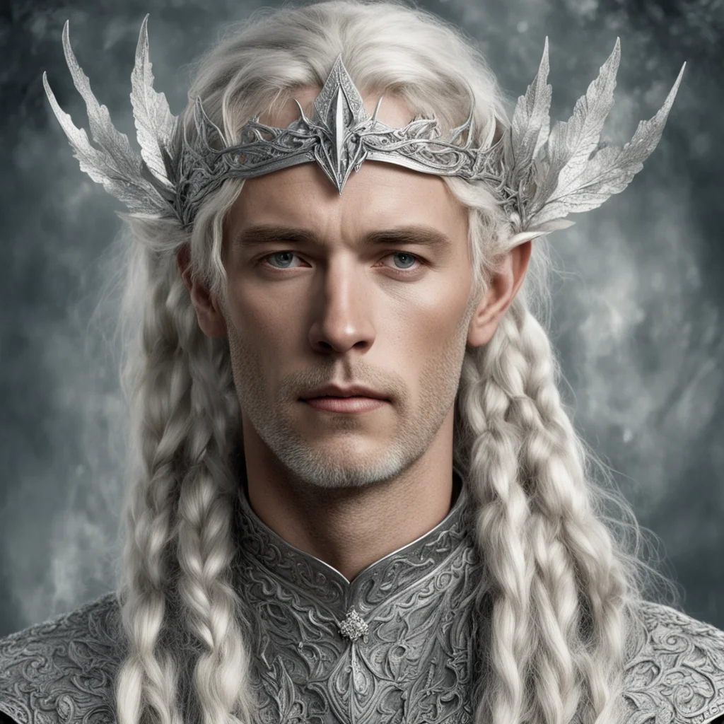 tolkien king amdir with blonde hair and braids wearing silver oak leaf encrusted with diamonds forming a silver serpentine elvish circlet with large center diamond amazing awesome portrait 2