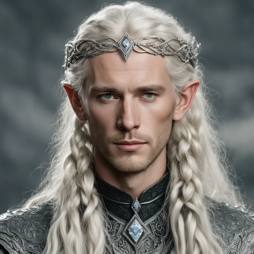 tolkien king amdir with blonde hair and braids wearing silver serpentine sindarin elvish circlet encrusted with diamonds with large center diamond  amazing awesome portrait 2