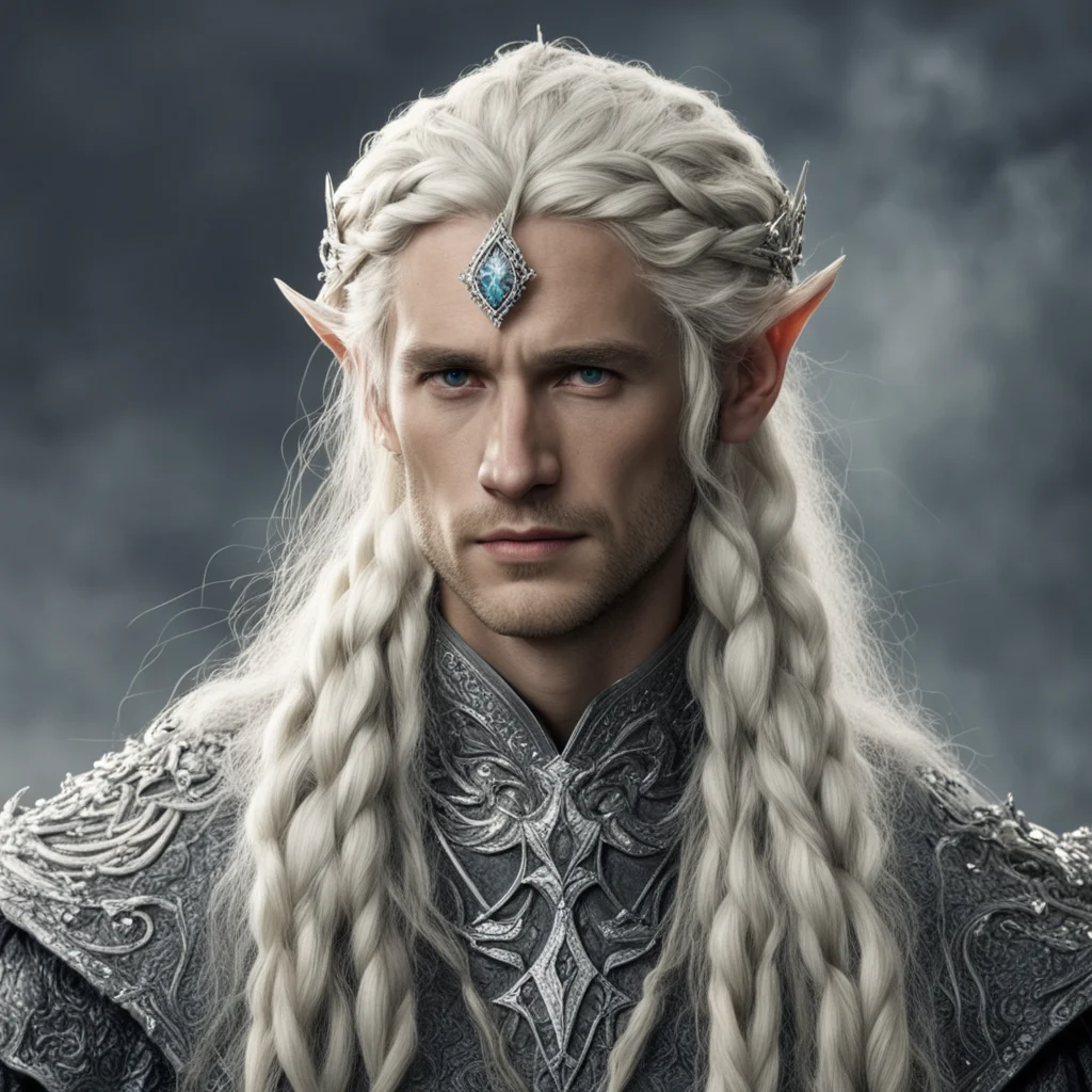 aitolkien king amdir with blonde hair and braids wearing silver serpentine sindarin elvish circlet encrusted with diamonds with large center diamond  confident engaging wow artstation art 3