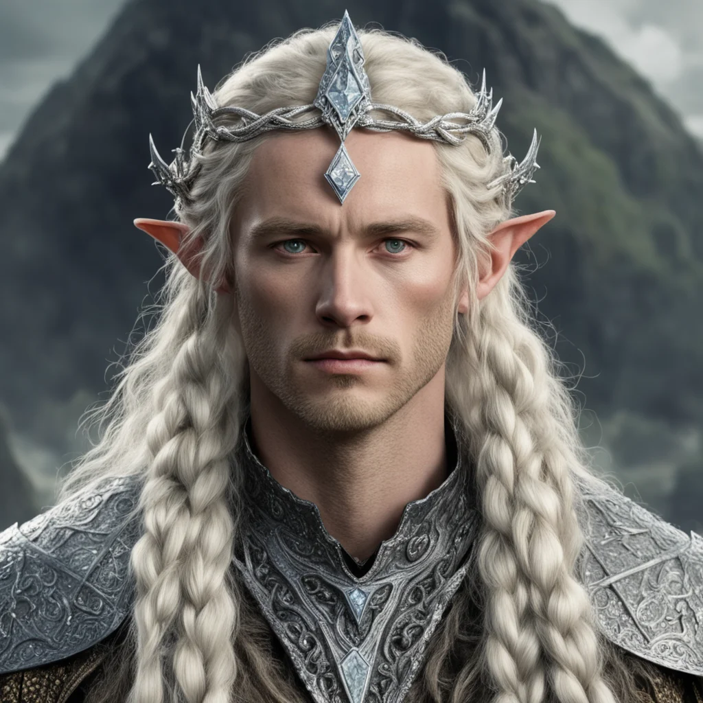 tolkien king amdir with blonde hair and braids wearing silver serpentine sindarin elvish circlet encrusted with diamonds with large center diamond  good looking trending fantastic 1