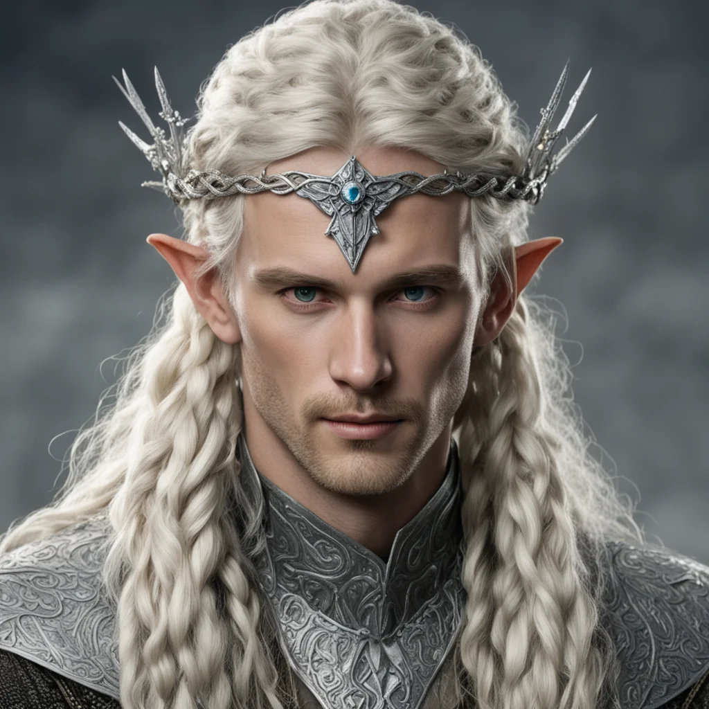 tolkien king amdir with blonde hair and braids wearing silver serpentine sindarin elvish circlet encrusted with diamonds with large center diamond good looking trending fantastic 1