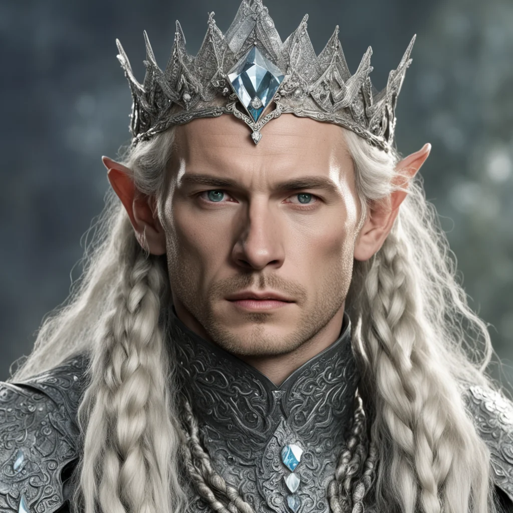 tolkien king amdir with blonde hair and braids wearing silver serpentine sindarin elvish coronet encrusted with diamonds with large center diamond amazing awesome portrait 2
