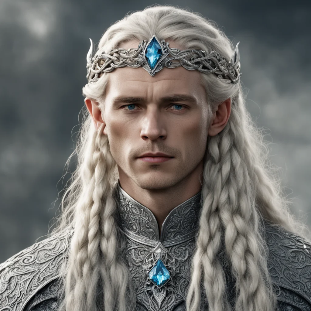 tolkien king amdir with blonde hair and braids wearing silver serpentine sindarin elvish coronet encrusted with diamonds with large center diamond good looking trending fantastic 1