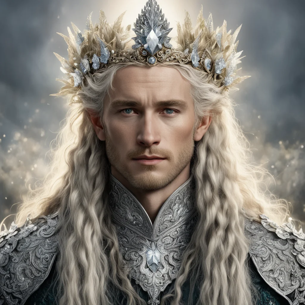 tolkien king amdir with golden hair and braids wearing silver flowers encrusted with diamonds forming a silver elvish crown with large center diamond  confident engaging wow artstation art 3