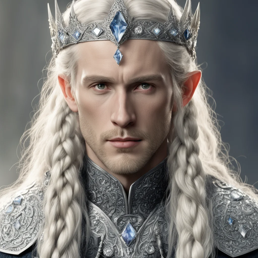 tolkien king amroth with blond hair and braids wearing silver elvish circlet encrusted with large diamonds with large center diamond confident engaging wow artstation art 3