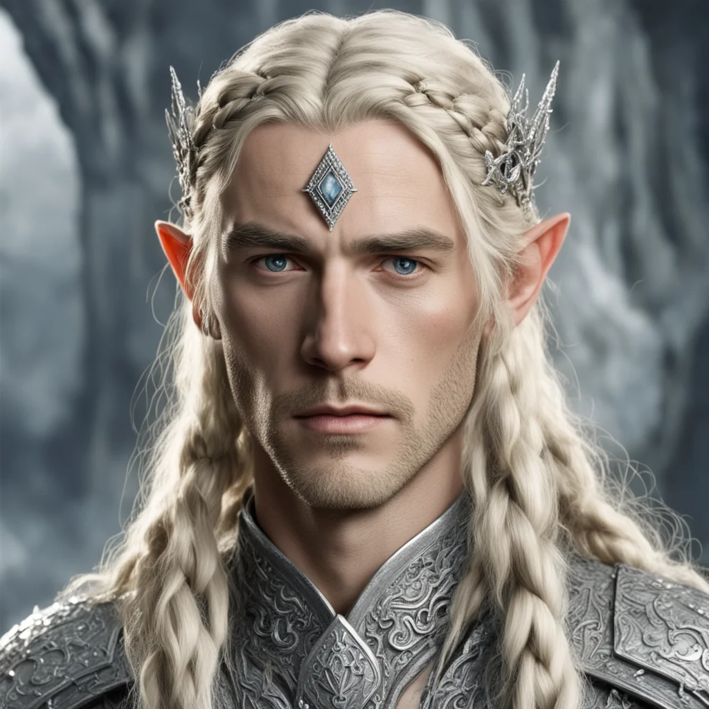 tolkien king amroth with blond hair and braids wearing silver elvish circlet encrusted with large diamonds with large center diamond good looking trending fantastic 1