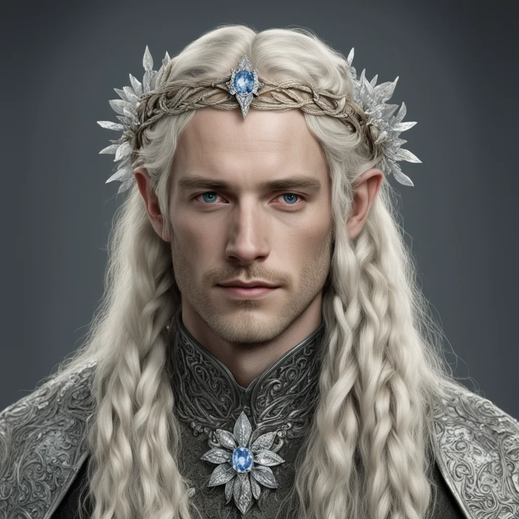 tolkien king amroth with blond hair and braids wearing silver flower serpentine sindarin elvish circlet encrusted with diamonds with large center diamond 