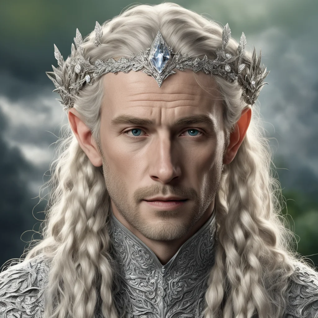 tolkien king amroth with blond hair and braids wearing silver laurel leaves encrusted with diamonds with clusters of diamonds to form a silver elvish circlet with large center diamond