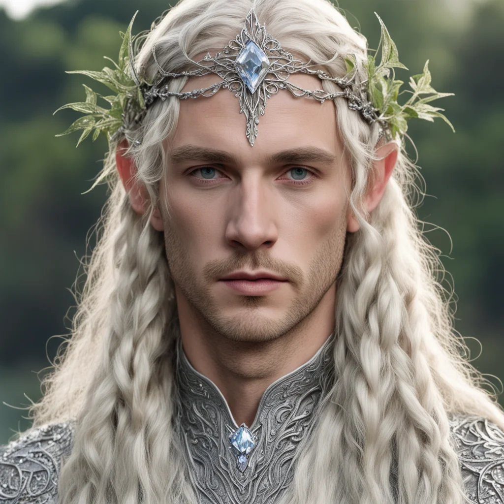 tolkien king amroth with blond hair and braids wearing silver leafy vines encrusted with diamonds to form silver elvish circlet with large center diamond good looking trending fantastic 1