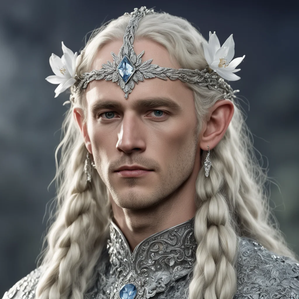 tolkien king amroth with blond hair and braids wearing silver orchids encrusted with diamonds forming a silver elvish circlet with large center diamond  confident engaging wow artstation art 3