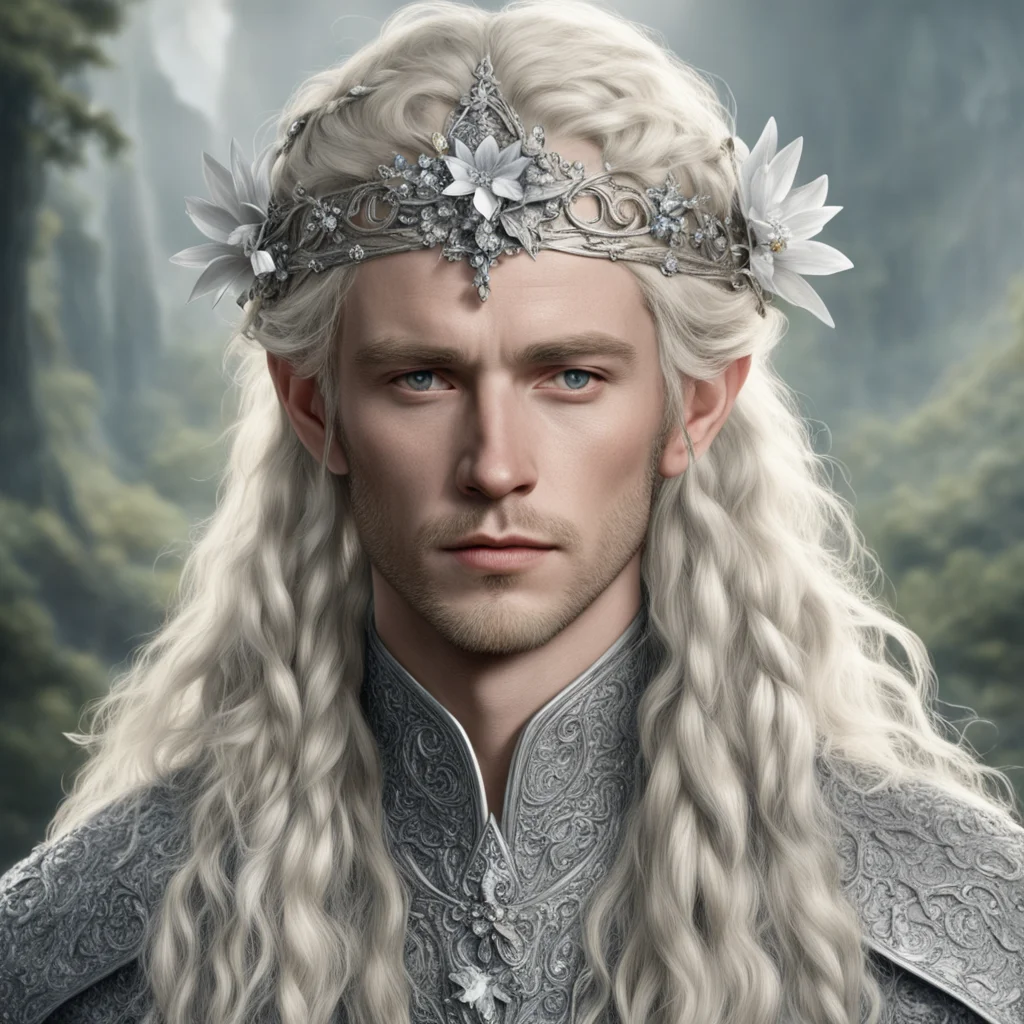tolkien king amroth with blond hair and braids wearing silver orchids encrusted with diamonds forming a silver elvish circlet with large center diamond  good looking trending fantastic 1