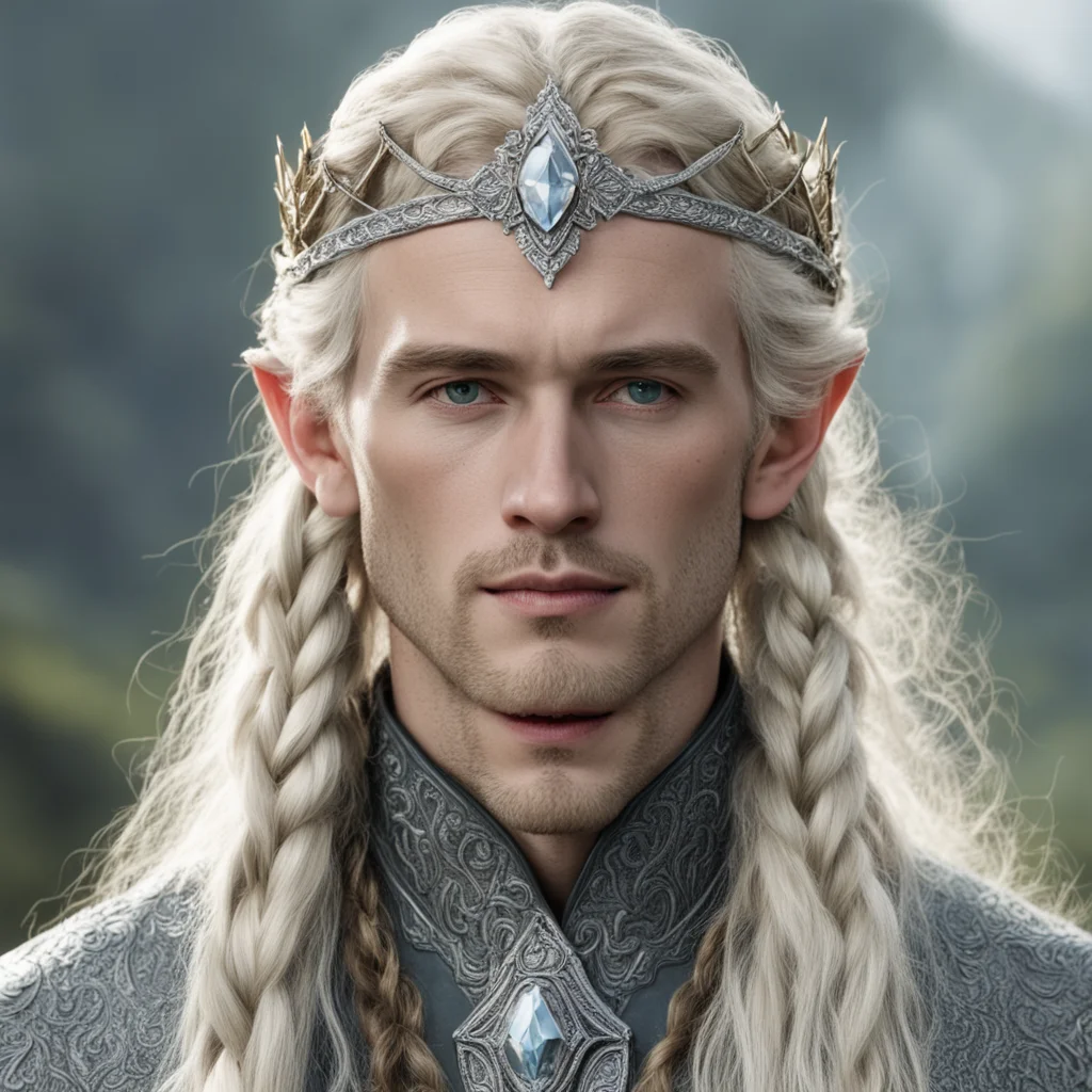 tolkien king amroth with blond hair and braids wearing silver serpentine elvish circlet encrusted with diamonds with large center diamond  good looking trending fantastic 1