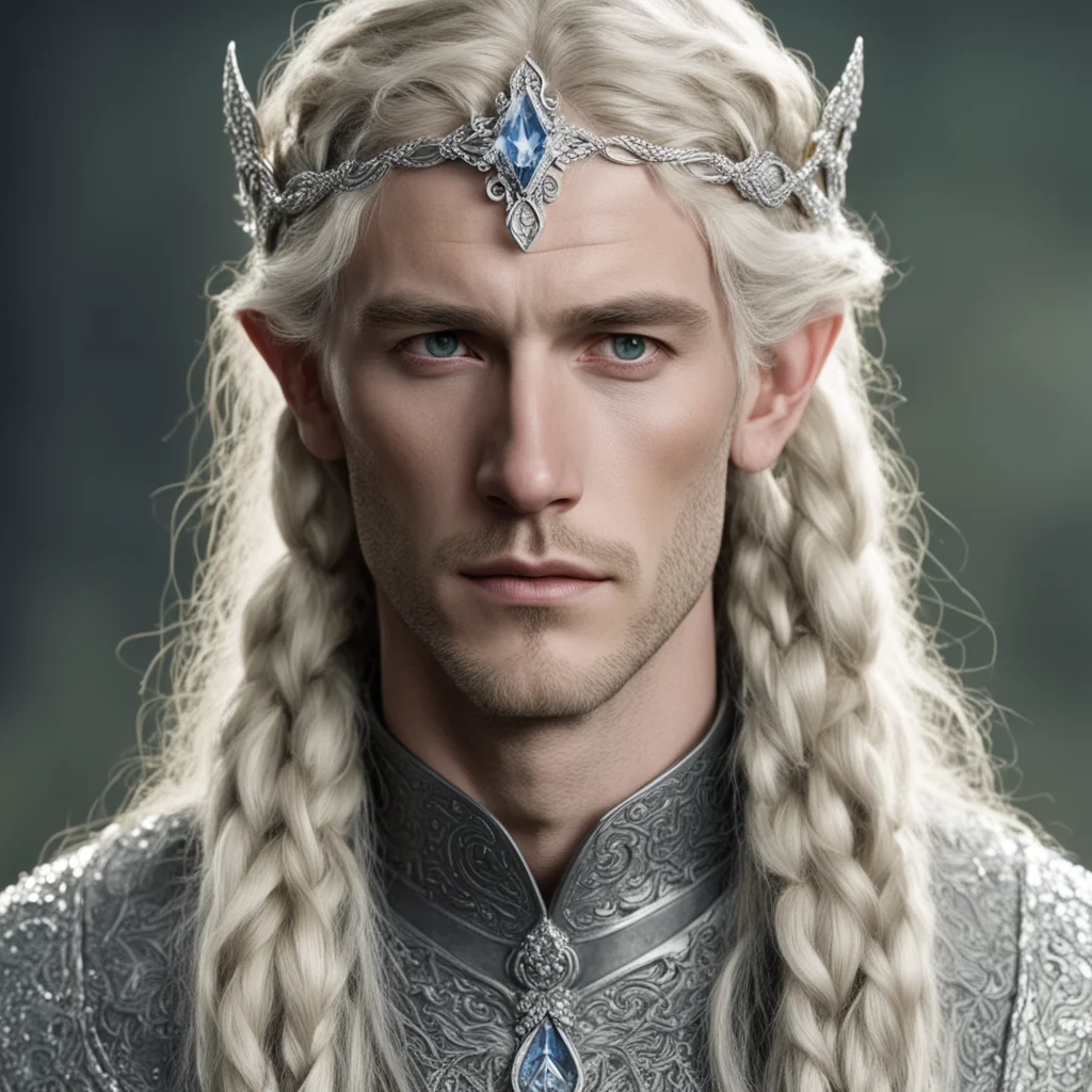 tolkien king amroth with blond hair and braids wearing silver serpentine elvish circlet encrusted with diamonds with large center diamond good looking trending fantastic 1