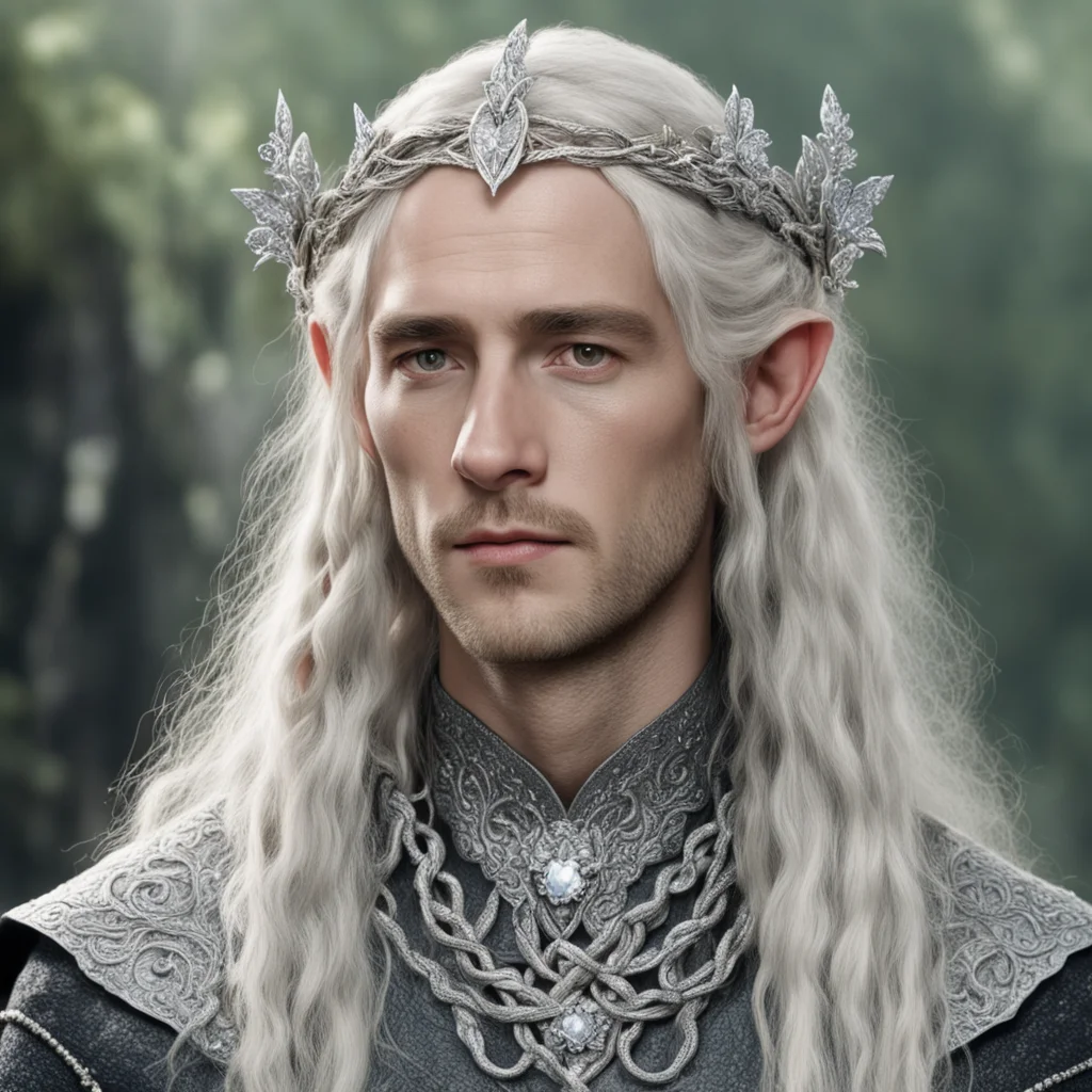 tolkien king amroth with blond hair and braids wearing silver serpentine flowers encrusted with diamonds intertwined to form a silver sindarin elvish circlet with large center diamond 
