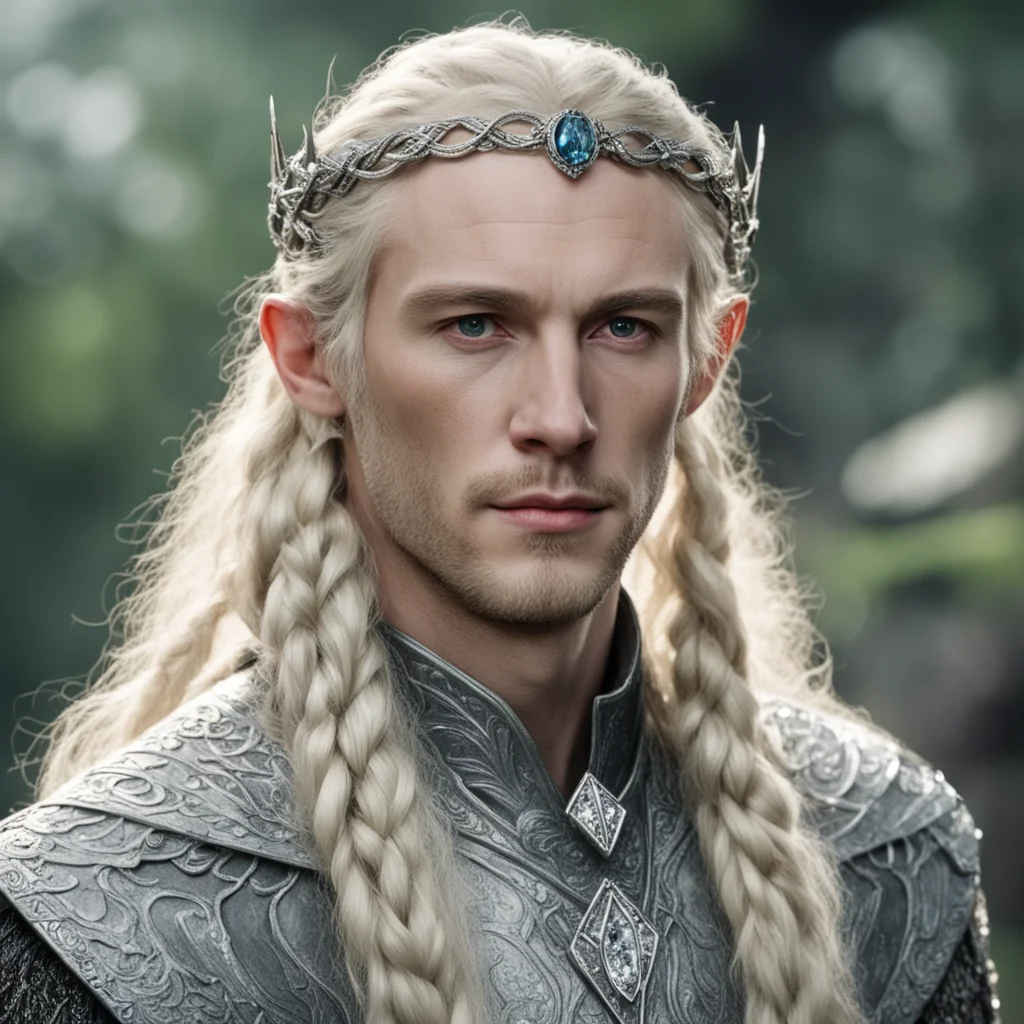 tolkien king amroth with blond hair and braids wearing silver serpentine nandorin elvish circlet encrusted with diamonds with large center diamond  confident engaging wow artstation art 3