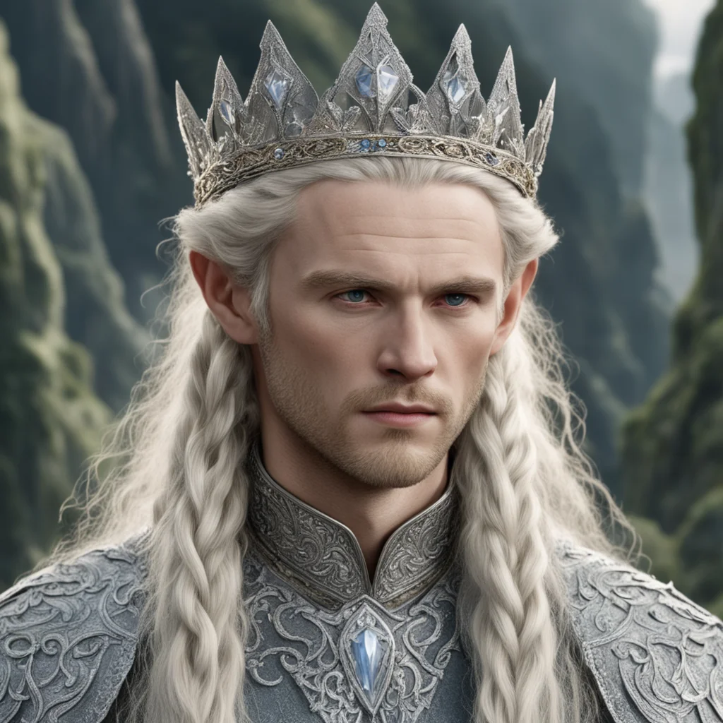 tolkien king amroth with blond hair and braids wearing silver sindarin elvish crown encrusted with diamonds with large center diamond  good looking trending fantastic 1