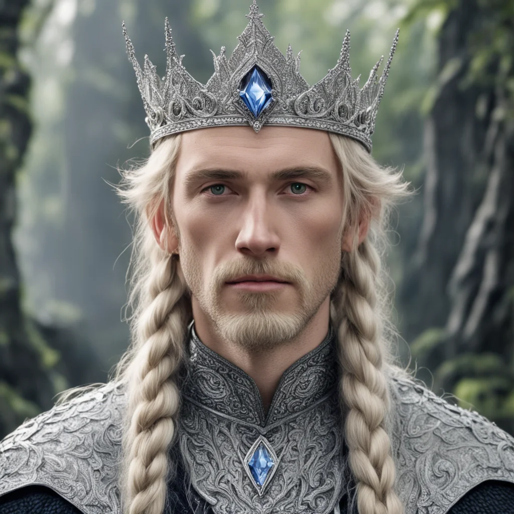 tolkien king amroth with blond hair and braids wearing silver sindarin elvish crown encrusted with diamonds with large center diamond 