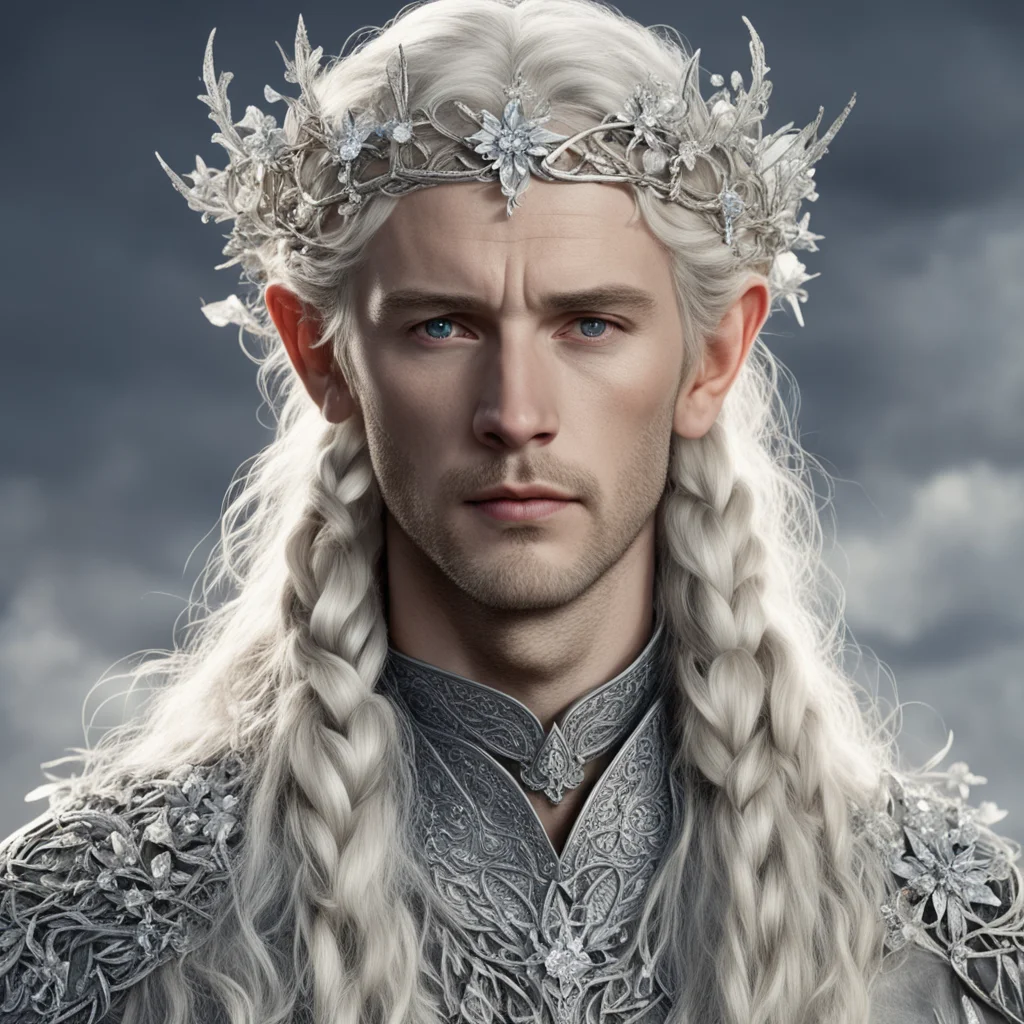 tolkien king amroth with blond hair and braids wearing silver twigs and silver flowers encrusted with diamonds to form a silver elvish circlet with large center diamond 