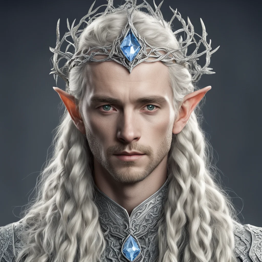 tolkien king amroth with blond hair and braids wearing silver twigs encrusted with diamonds intertwined to form a silver serpentine elvish circlet with large center diamond