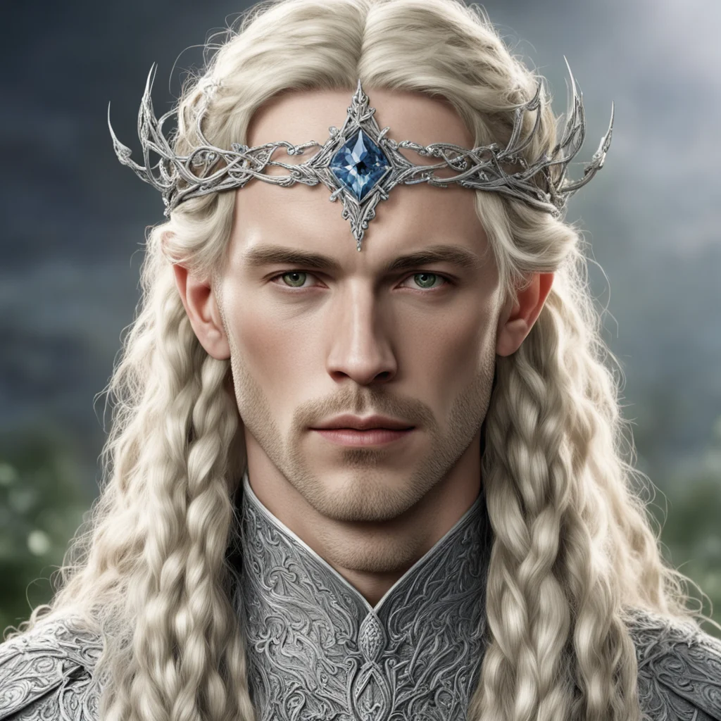 tolkien king amroth with blond hair and braids wearing silver vines encrusted with diamonds forming a silver elvish circlet with large center diamond  good looking trending fantastic 1