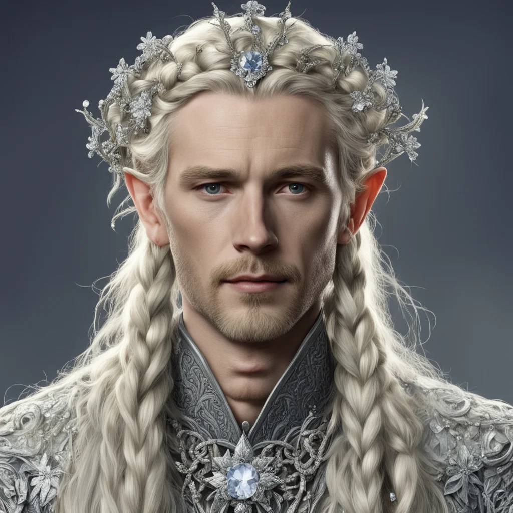 tolkien king amroth with blond hair and braids wearing silver vines encrusted with diamonds with silver flowers encrusted with diamonds forming a silver elvish circlet with large center diamond