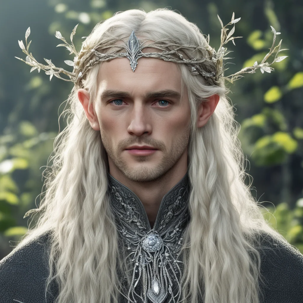 tolkien king amroth with blond hair and braids wearing silver vines will small silver leaves encrusted with diamonds to make a small silver elvish circlet with large center diamond