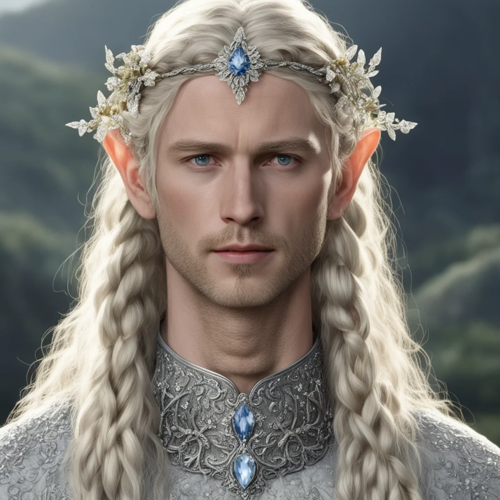 tolkien king amroth with blond hair and braids wearing small silver flowers encrusted with diamonds to form small silver elvish circlet with large center diamond  amazing awesome portrait 2